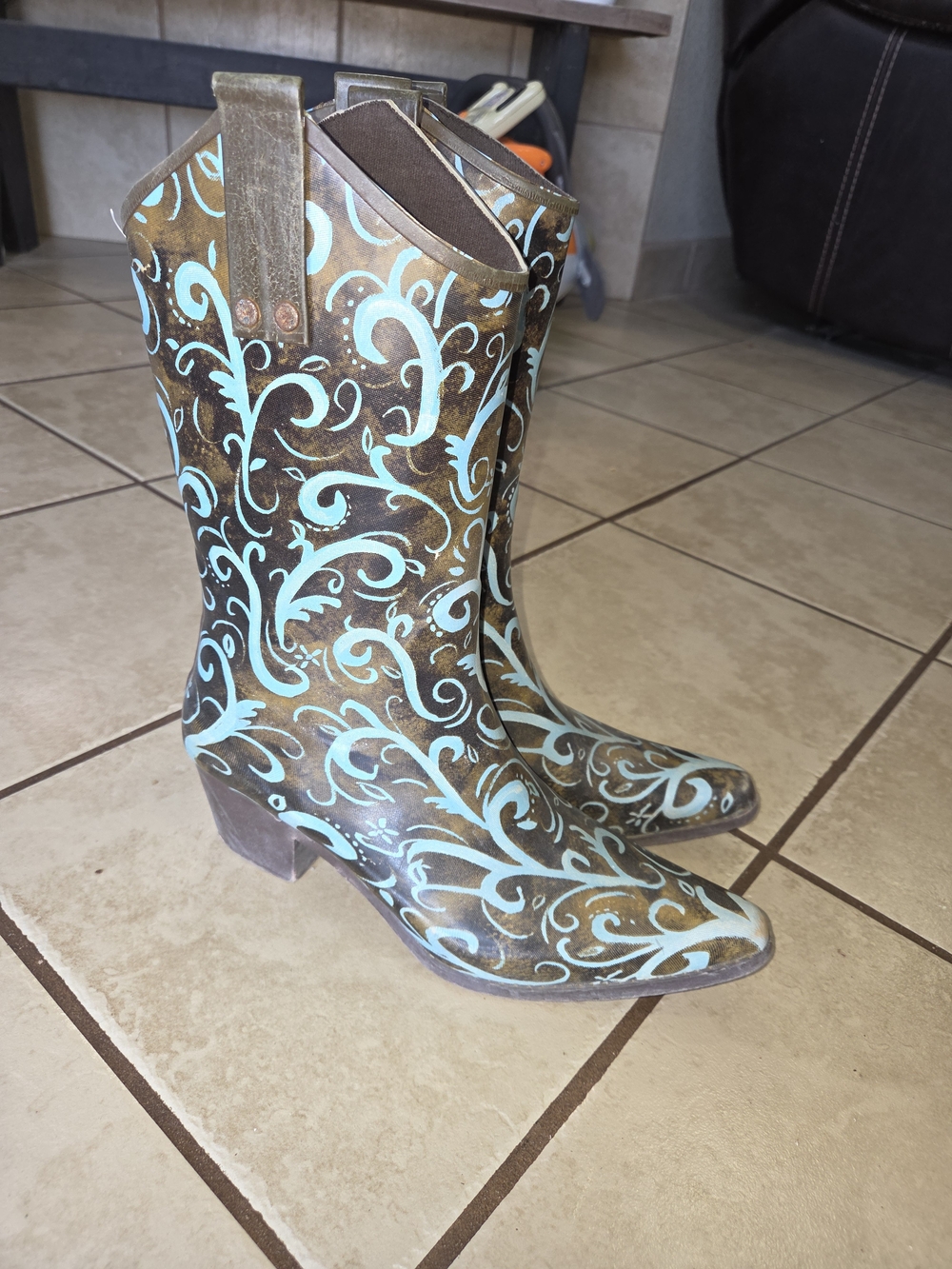 Brown Cowboy Muck Boots with Turquoise Scroll Design